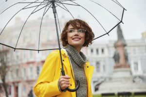 Image of a woman holding an umbrella in the rain